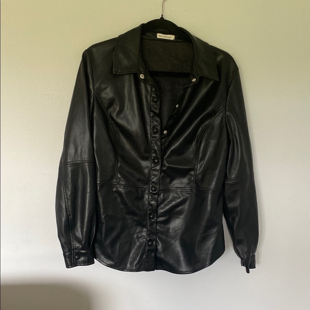 Black Button-Front Leather Shirt